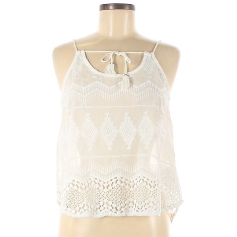Forever 21 M ivory BOHO sleeveless A-line embroidered lace blouse w tassel ties